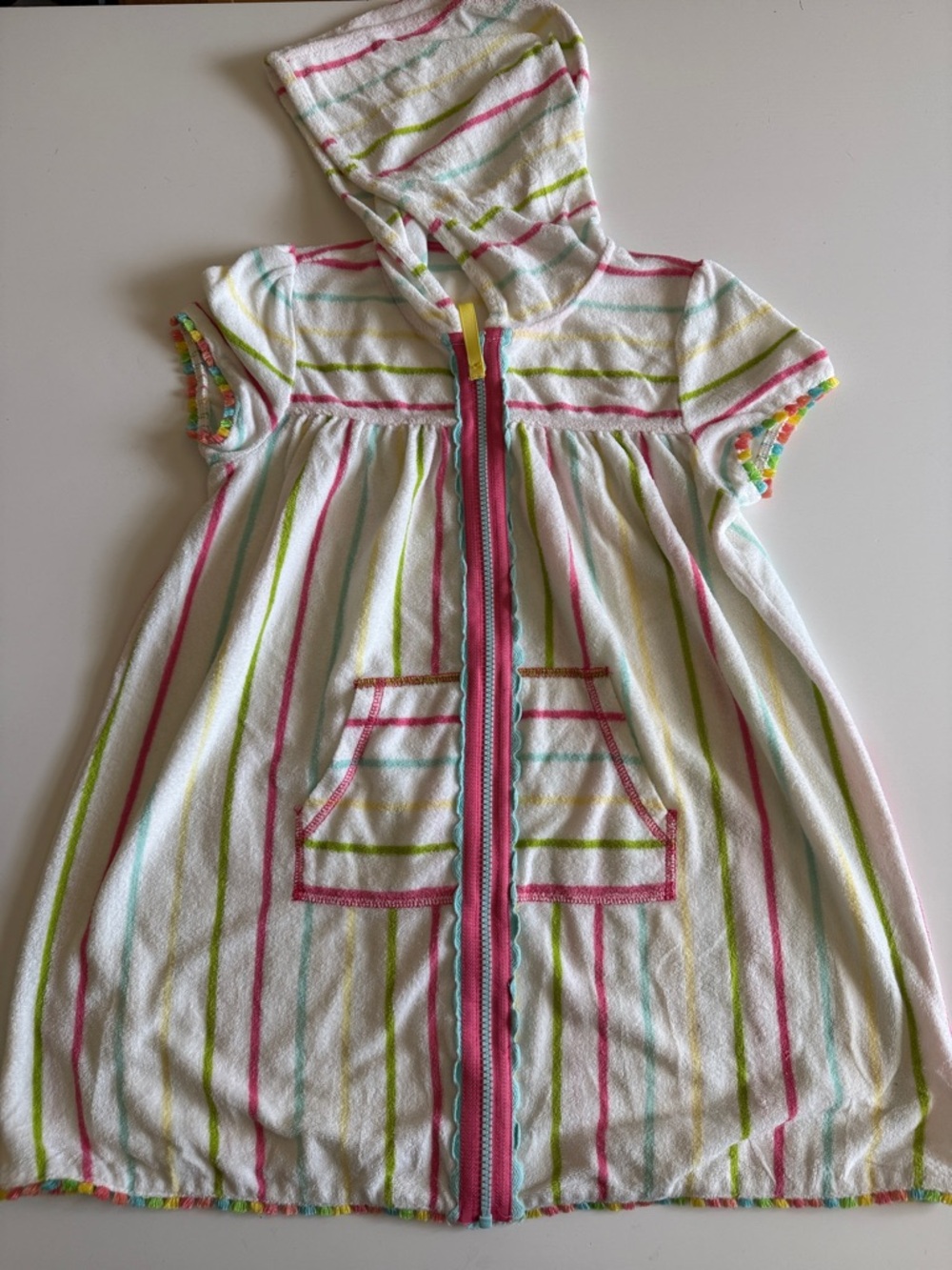 Matilda Jane White Hooded Swim Cover-up with Pink, Green & Aqua Stripes Sz 10
